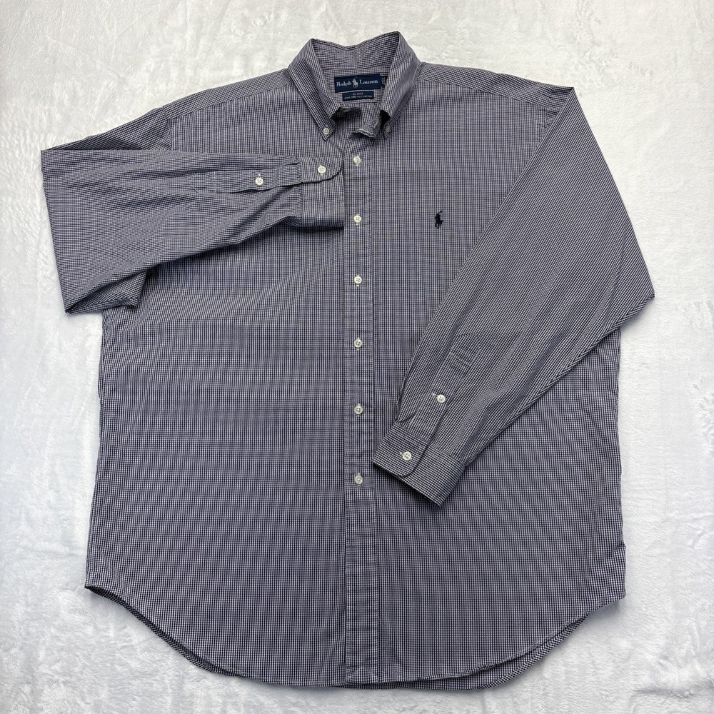 Ralph Lauren Blake Fit Navy Gingham Men Shirt L Tall 2Ply Cotton Button Down Y2K